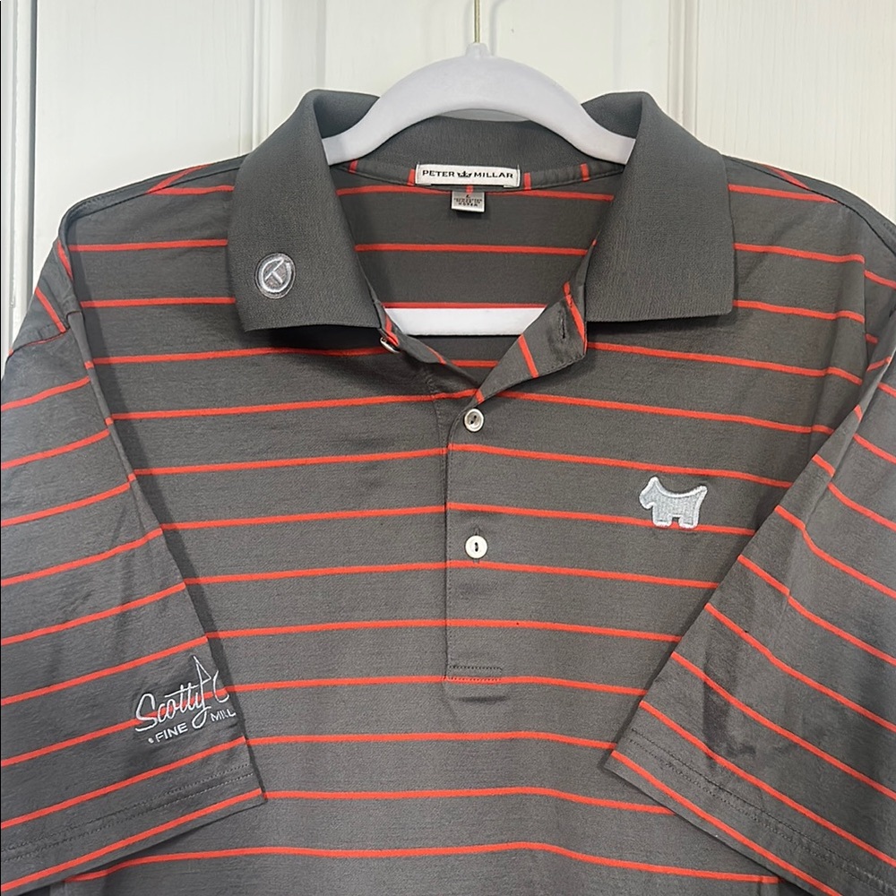 Peter Millar Men's Gray and Red Striped Polo Shirt